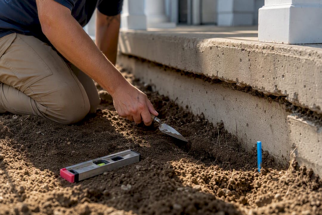 Contractor examining soil beside porch footing
