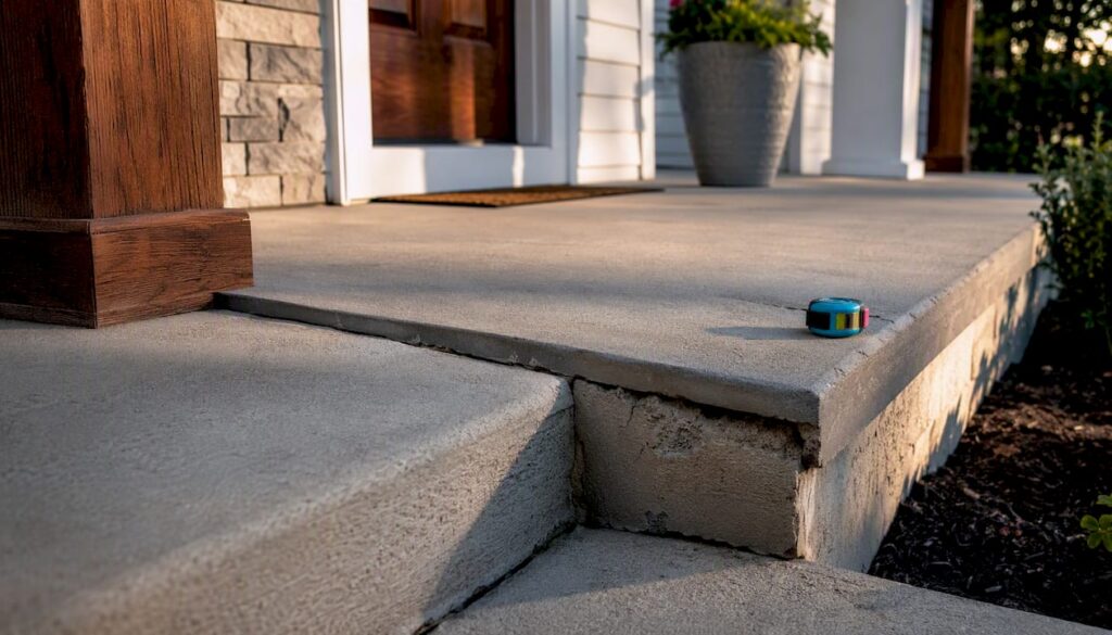 Uneven concrete porch slab beside front step