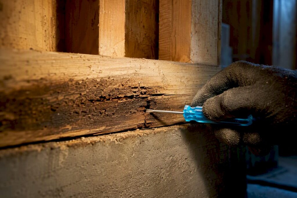 Probing damaged wood for termites or rot