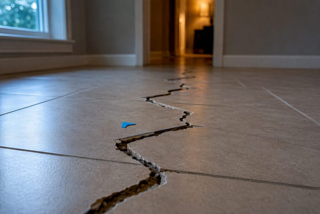 Stair-step crack crossing residential tile floor