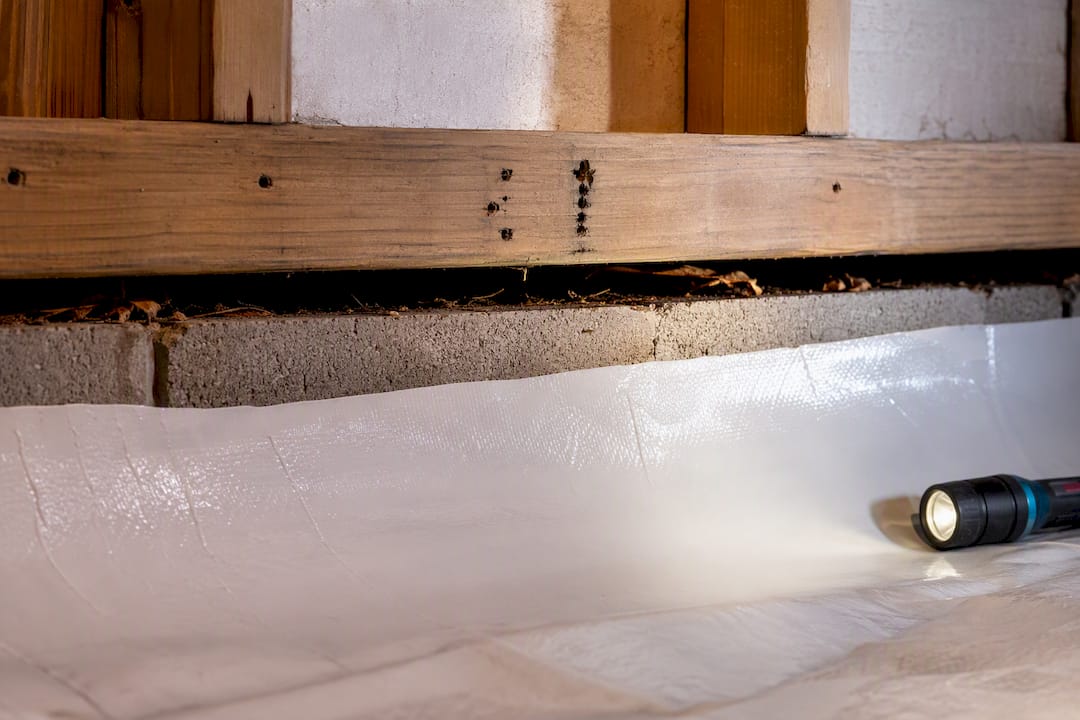 Visible termite inspection gap above crawl space liner
