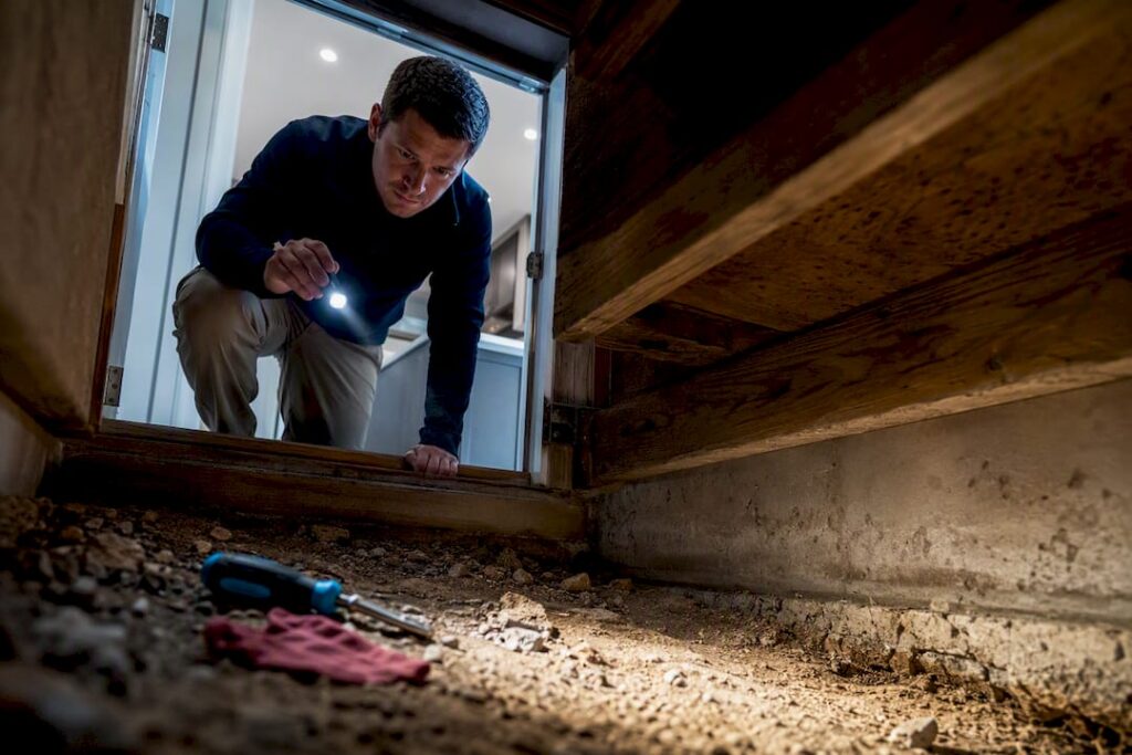 Inspector examining crawl space before encapsulation