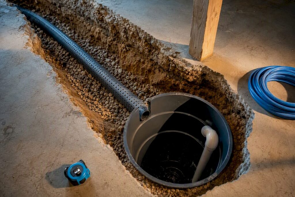 Drain tile ending beside sump basin