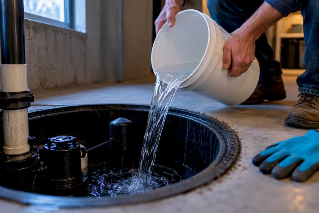 Homeowner performing a sump pump bucket test