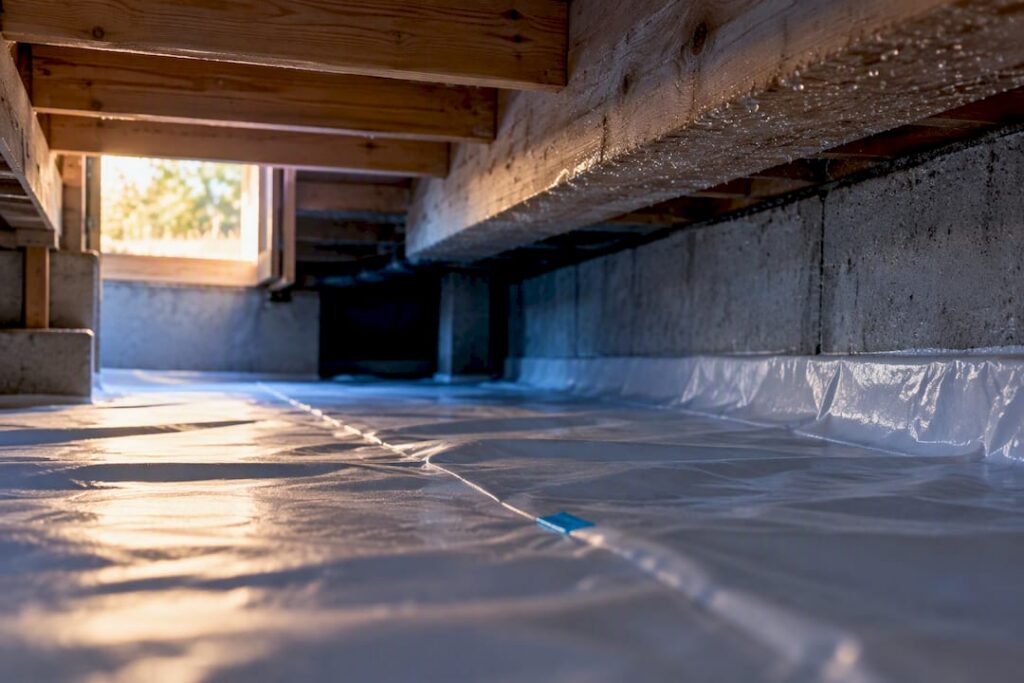 Clean crawl space showing moisture on framing