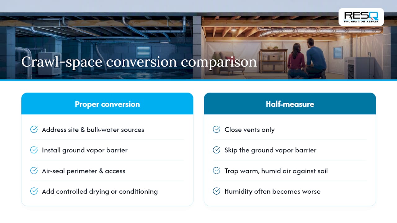 Crawl space sealing and drying sequence