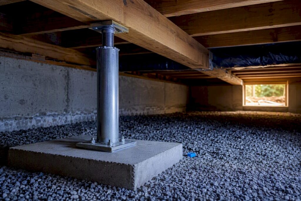 Jack post supporting beam above crawl space footing