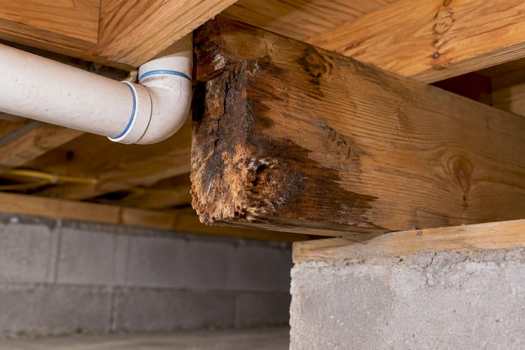 Moisture-damaged floor joist in crawlspace