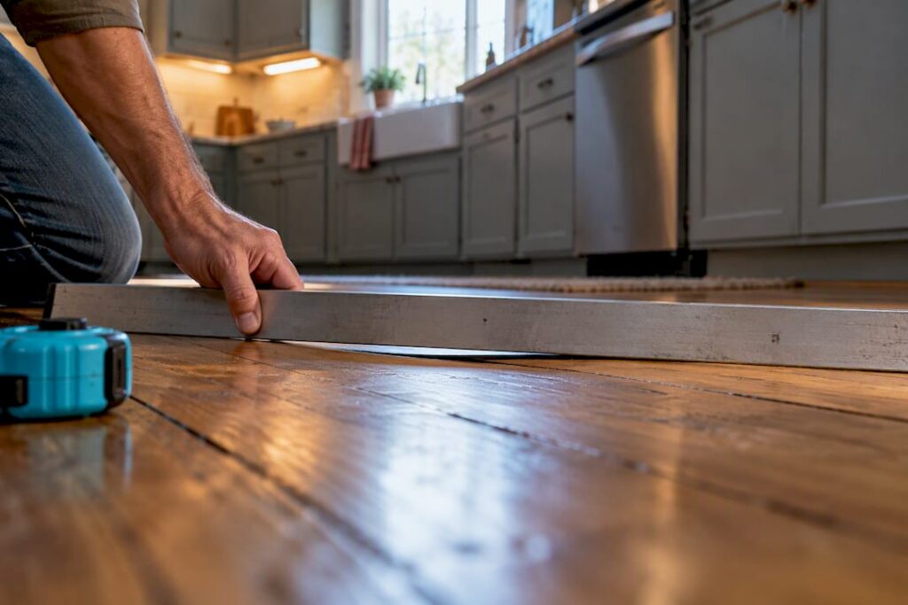 Subtle kitchen floor dip under straightedge