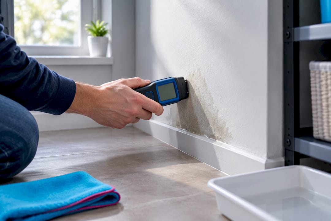 Moisture meter checking damp lower wall