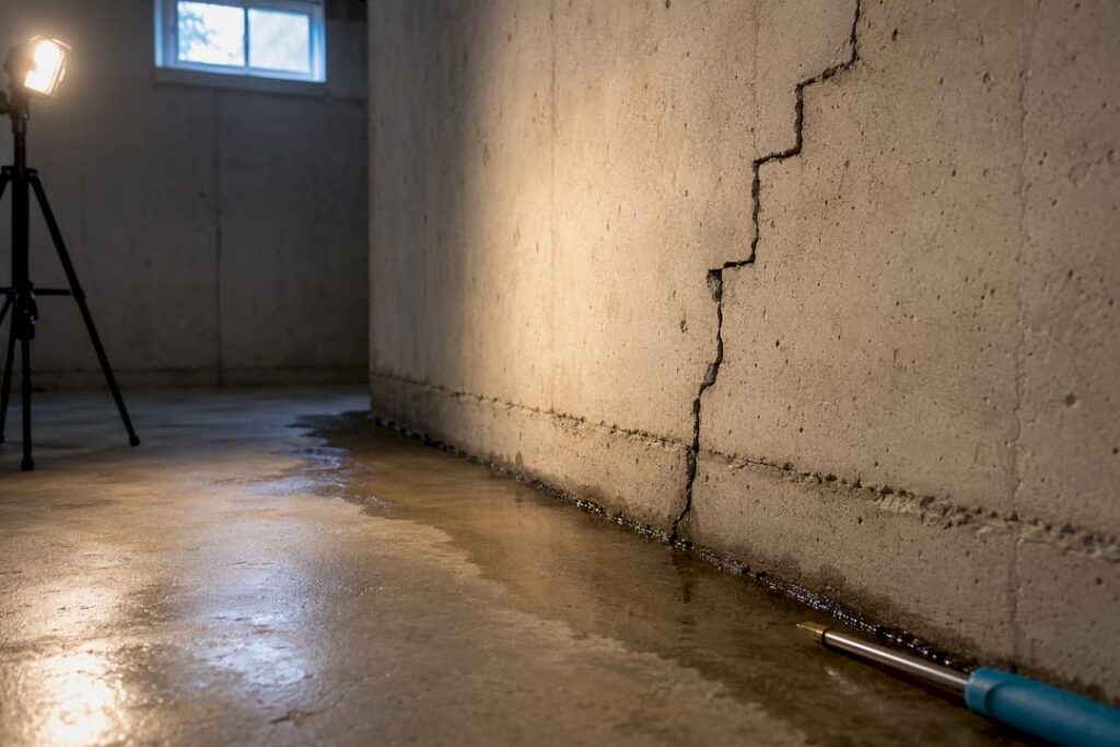 Basement showing moisture and foundation crack