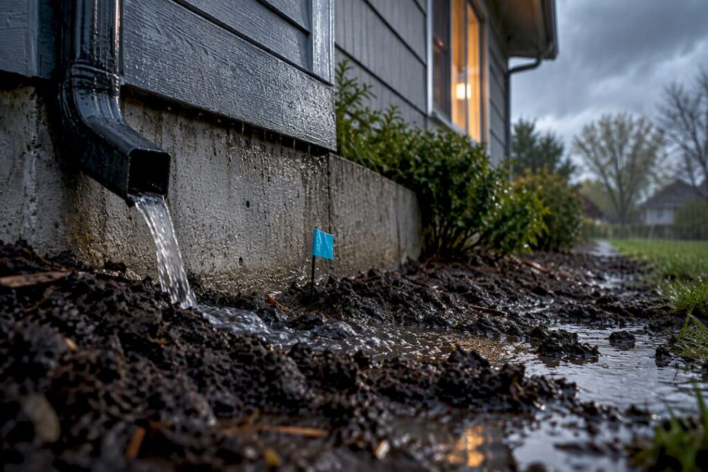 Rain-soaked soil beside residential foundation