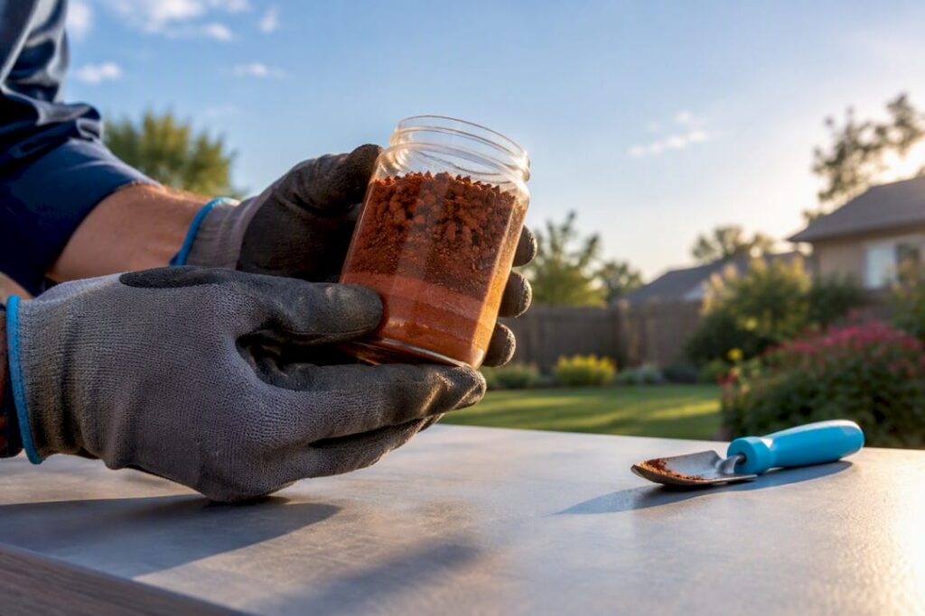 Reddish soil sample in clear testing jar