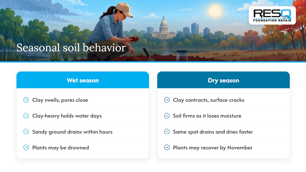 Seasonal moisture variation effects on red clay soil behavior — overview diagram