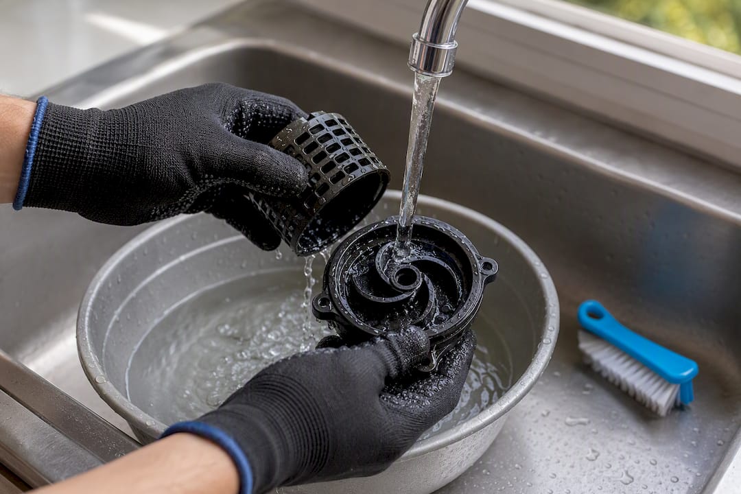 Gloved hands cleaning a sump pump intake screen
